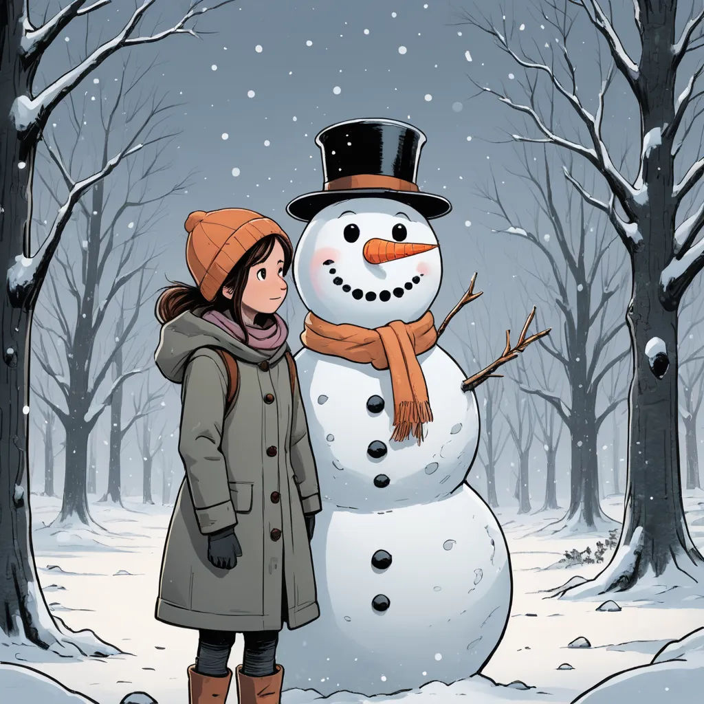 a woman standing next to a snowman in a snowy forest with trees and snow on the ground and a snowman in a hat, context art, a storybook illustration, Asaf Hanuka, cliff chiang