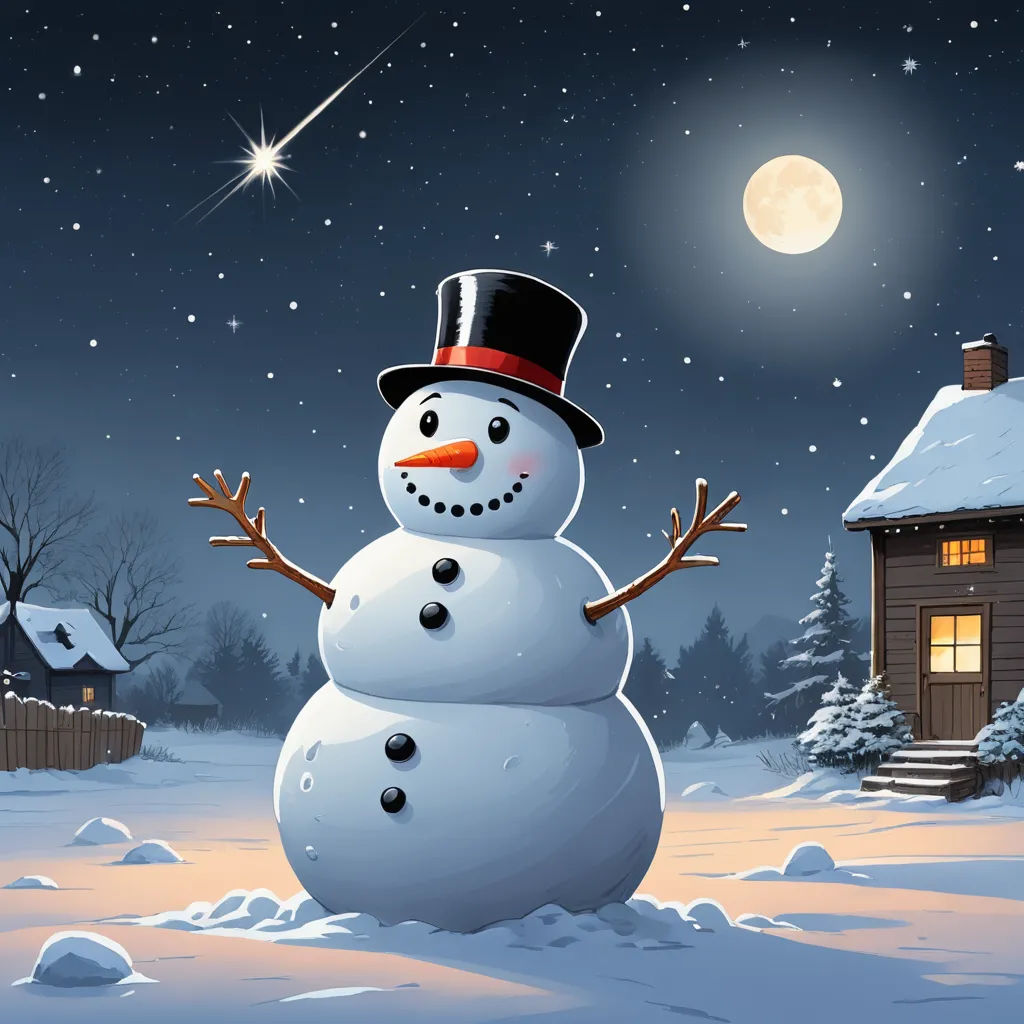 a snowman in a top hat and a house in the background with a full moon in the sky, naive art, a digital rendering, Ernest William Christmas, snow