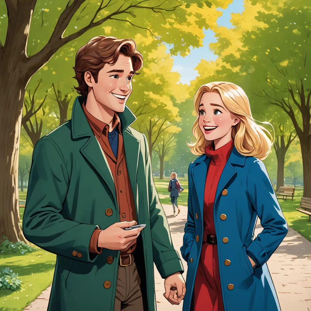 a man and a woman are standing in a park together and talking to each other while holding hands and smiling, american scene painting, a comic book panel, Colin Middleton, official art