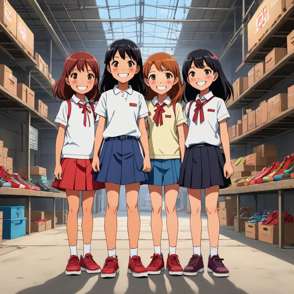 a group of girls standing next to each other in a warehouse with boxes on the shelves behind them and a ceiling, remodernism, concept art, Eizan Kikukawa, official art