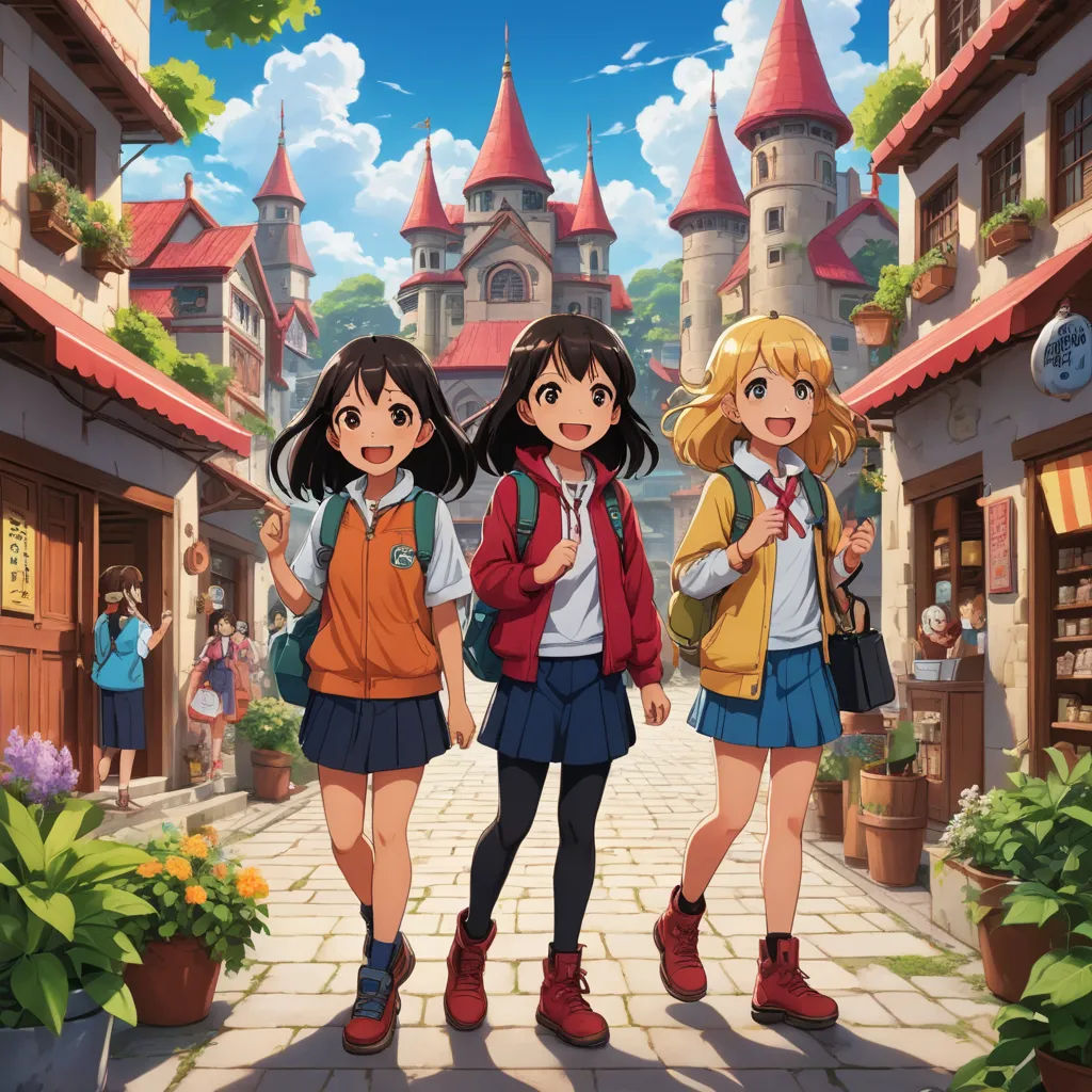 three girls are walking down a street in front of a castle with a clock on it and a man is standing behind them, rayonism, a detailed matte painting, disney, official art