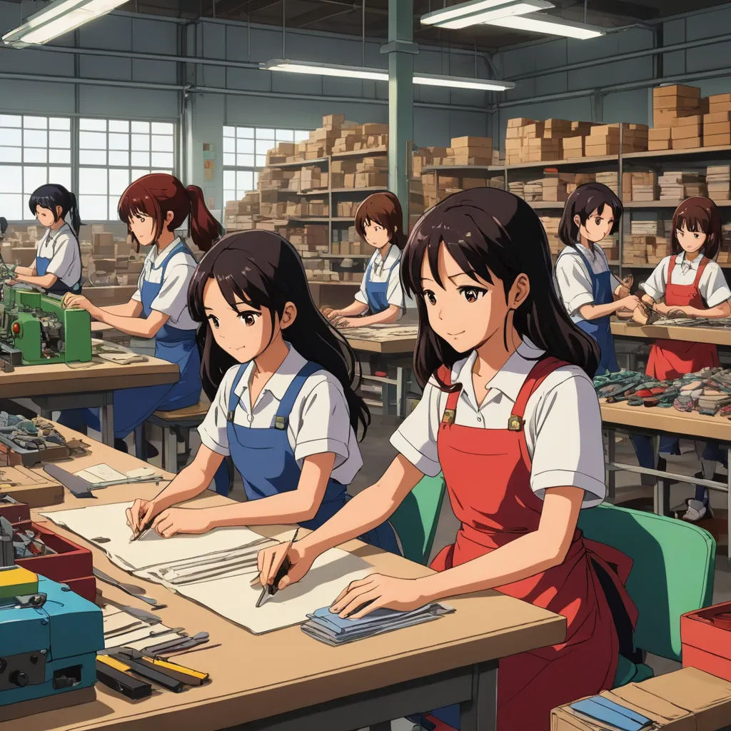 a group of girls sitting at a desk in a room with boxes on the walls and a machine in the background, socialist realism, a detailed matte painting, Beeple, official art