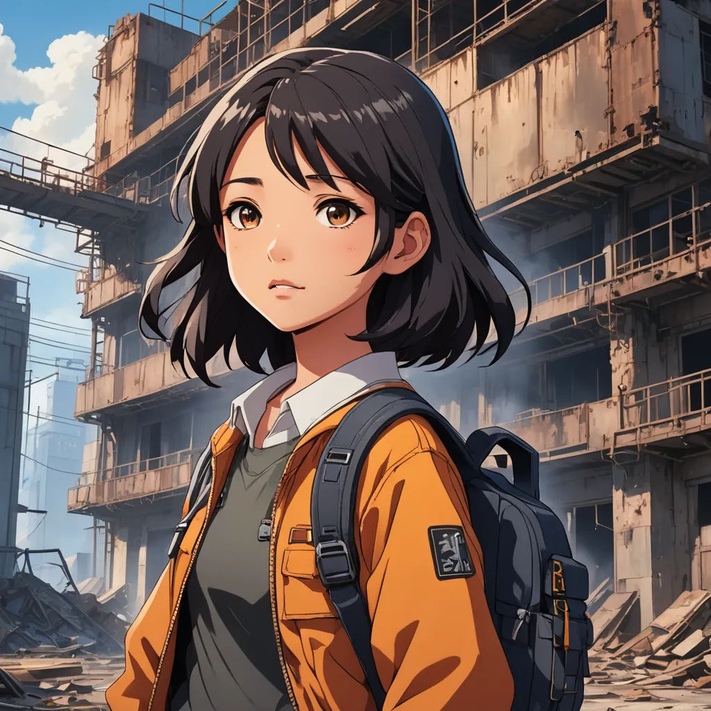 a girl in a yellow jacket and backpack standing in front of a building with a lot of rubble on it, sots art, a character portrait, Chizuko Yoshida, official art
