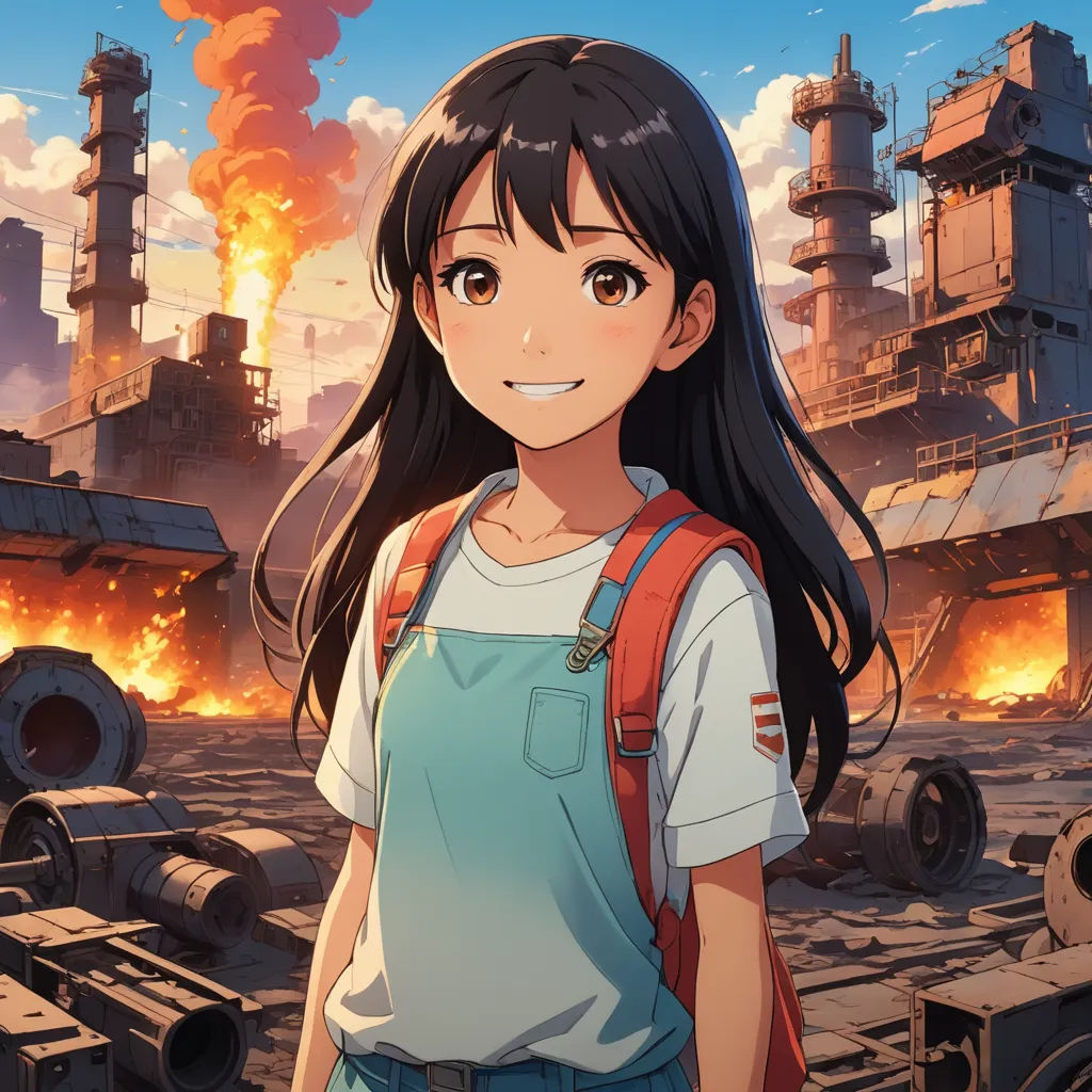 a girl in a white shirt and blue overalls standing in front of a factory with a large fire, nuclear art, graffiti art, Chizuko Yoshida, anime key visual