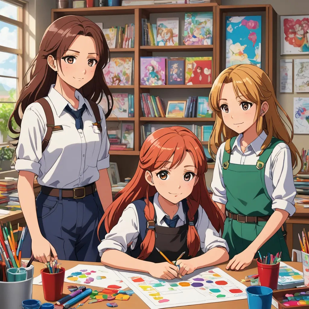 three girls are standing in front of a desk with a book and pencils on it and a bookcase behind them, serial art, a painting, Anne Said, official art