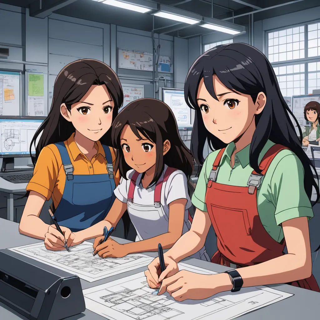 three girls are sitting at a desk with a computer and a printer in front of them, and a man is writing on a piece of paper, precisionism, computer graphics, artist, official art