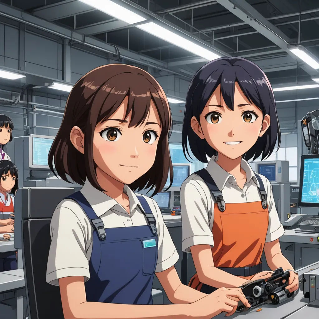 two anime girls are standing in front of a computer screen and a camera in a factory with other people, sots art, computer graphics, Ai-Mitsu, official art