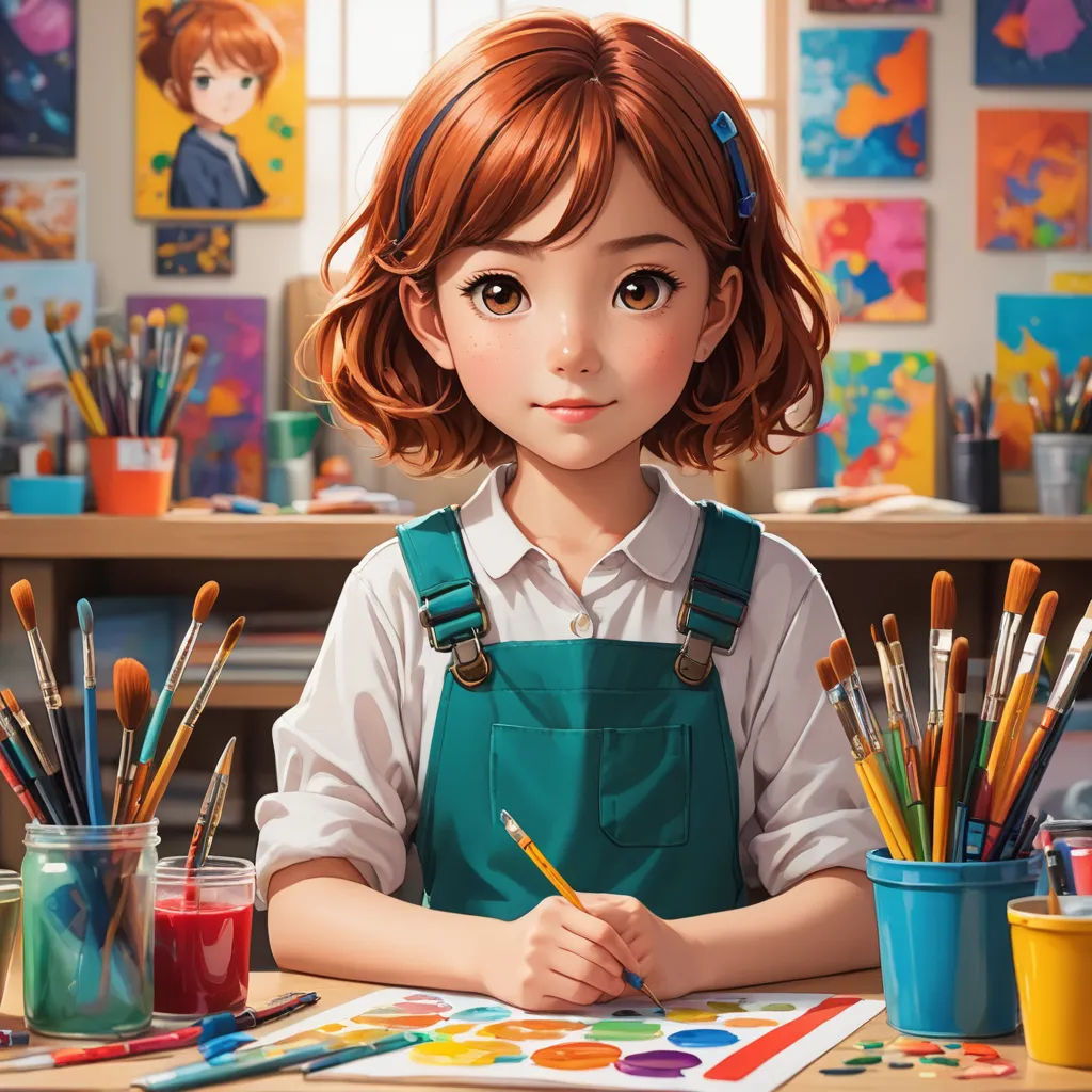a painting of a girl with red hair sitting at a desk with paint brushes and a palette of paint, photorealism, a detailed painting, Artgerm, trending on art station