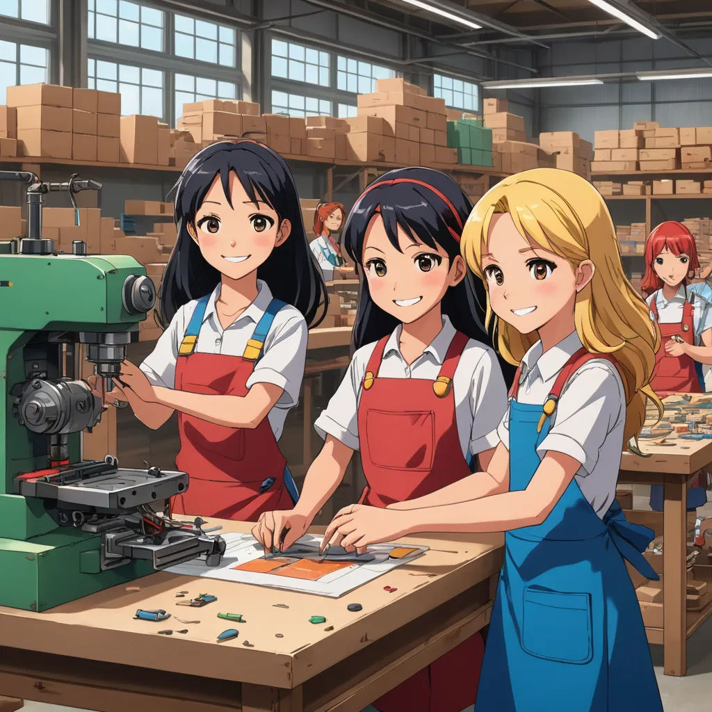 three girls in aprons are working on a machine in a factory with boxes on the shelves behind them, socialist realism, computer graphics, Bourgeois, official art