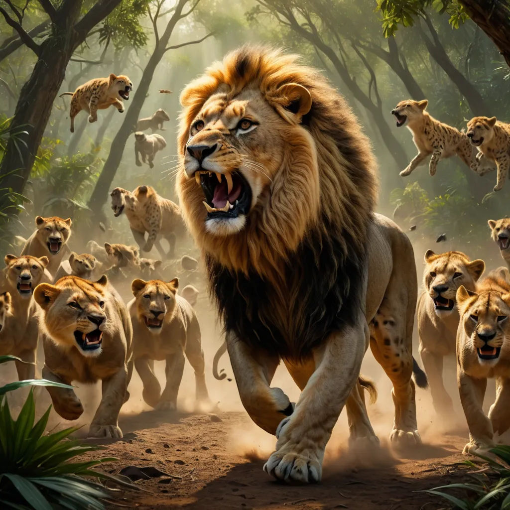 a large lion is running through a group of other lions in the jungle with their mouths open and their teeth wide open, sumatraism, concept art, Chris LaBrooy, wildlife photography