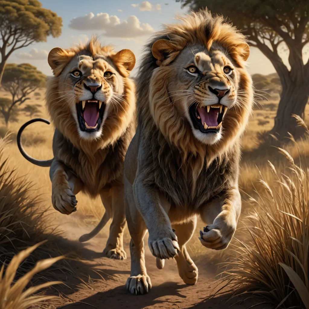 two lions running across a dirt road in the wild together, with trees in the background and a sky with clouds, photorealism, a photorealistic painting, Brothers Hildebrandt, photoreal