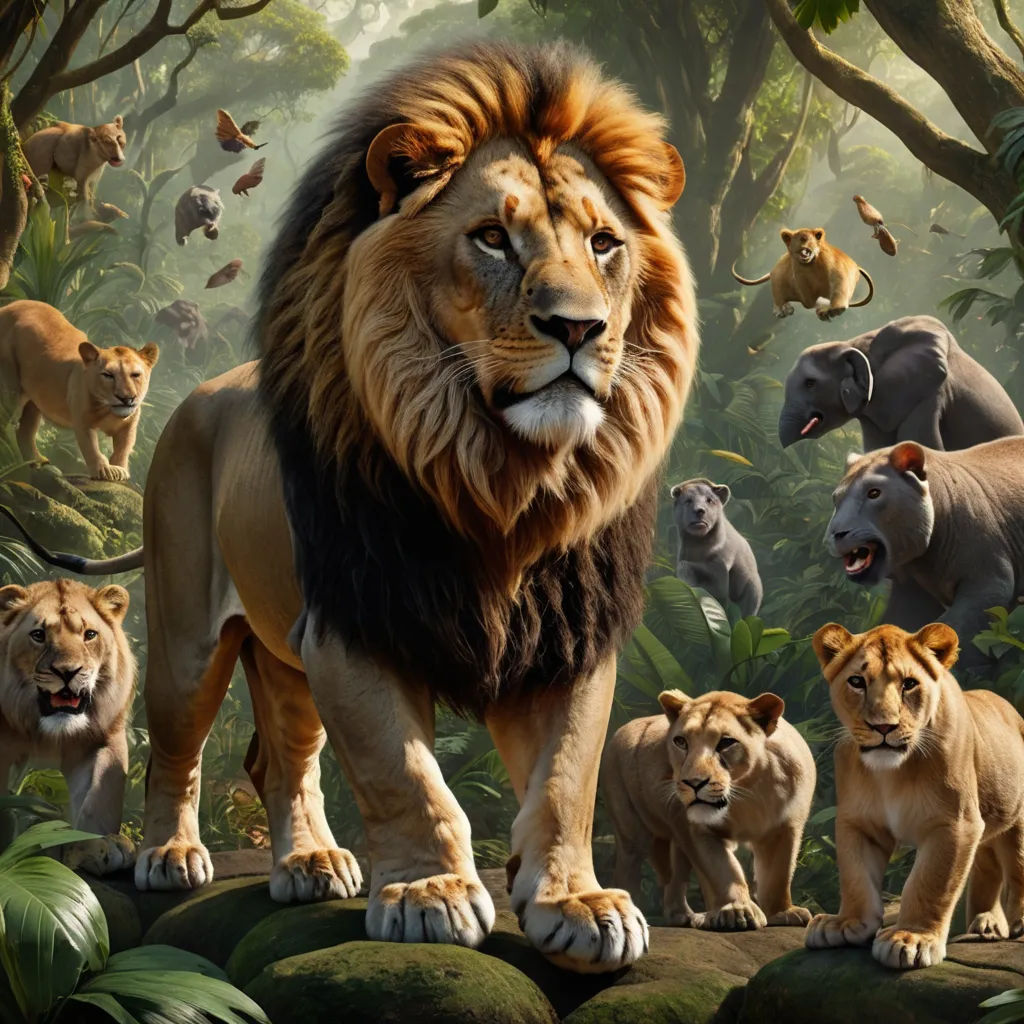 a group of lions standing on top of a lush green forest covered in animals and trees, with a lion standing in the middle of the picture, furry art, a detailed matte painting, Drew Struzan, official art
