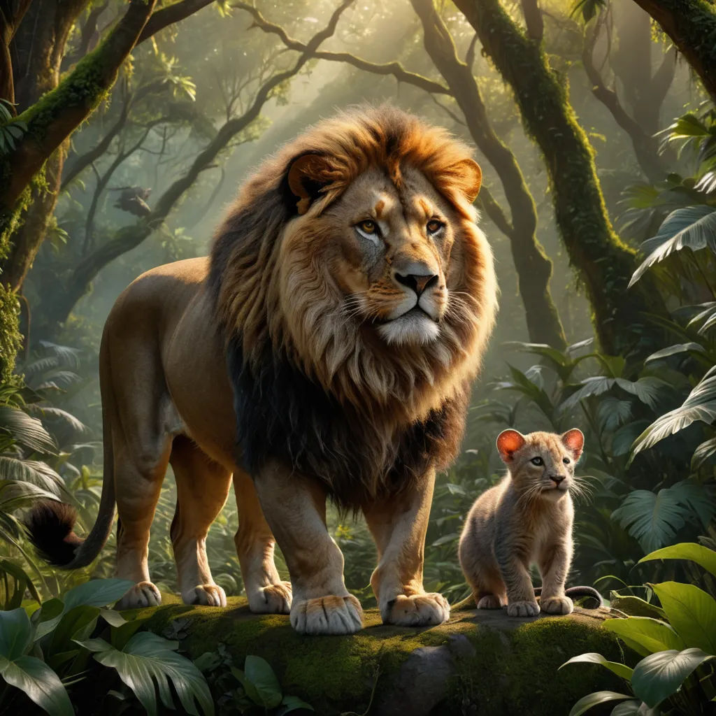 a lion and a cub stand in a jungle scene with trees and foliage in the background, while the adult lion looks on, sots art, a poster, Drew Struzan, official art