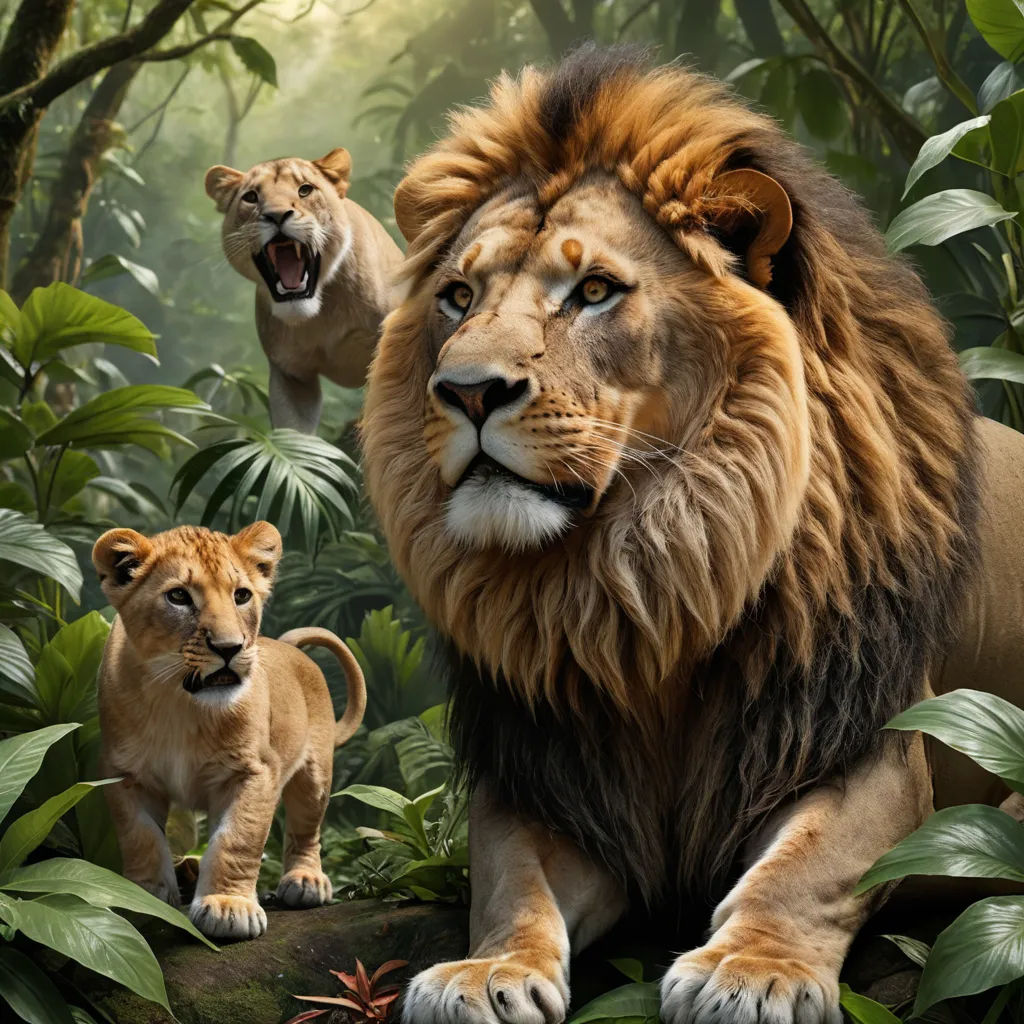 a lion and a lioness in a jungle scene with trees and plants and foliages, with one of the lions looking at the camera, photorealism, a poster, Chris LaBrooy, photoreal