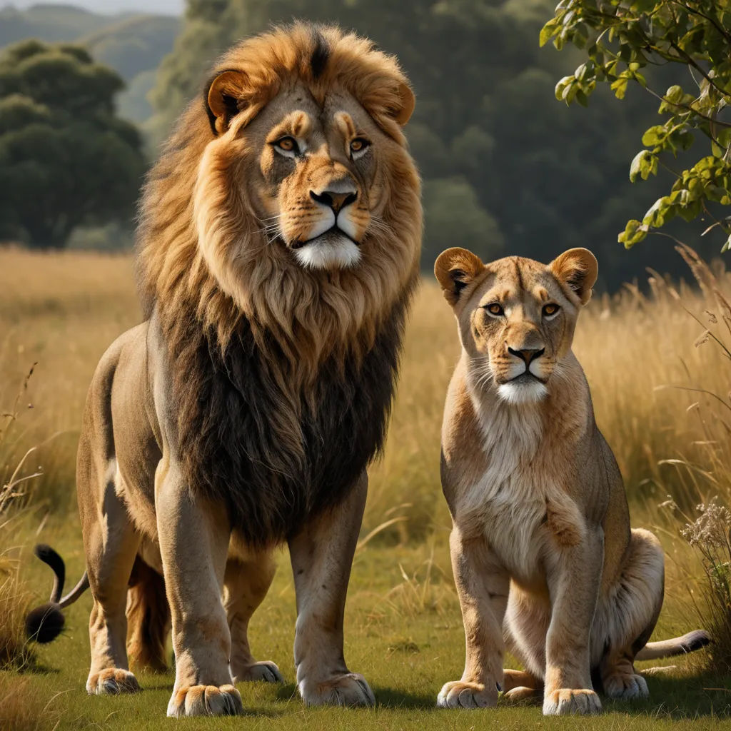 a lion and a lioness standing in a field of grass with trees in the background and a sky background, photorealism, a photorealistic painting, Chris LaBrooy, wildlife photography