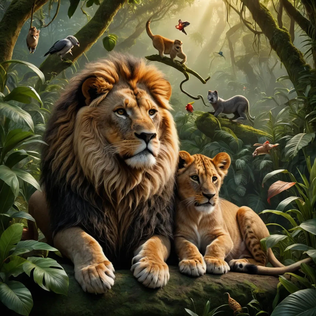 a lion and a cub are sitting in the jungle together, surrounded by other animals and plants, with a bird in the background, naturalism, a poster, Chris LaBrooy, promotional image