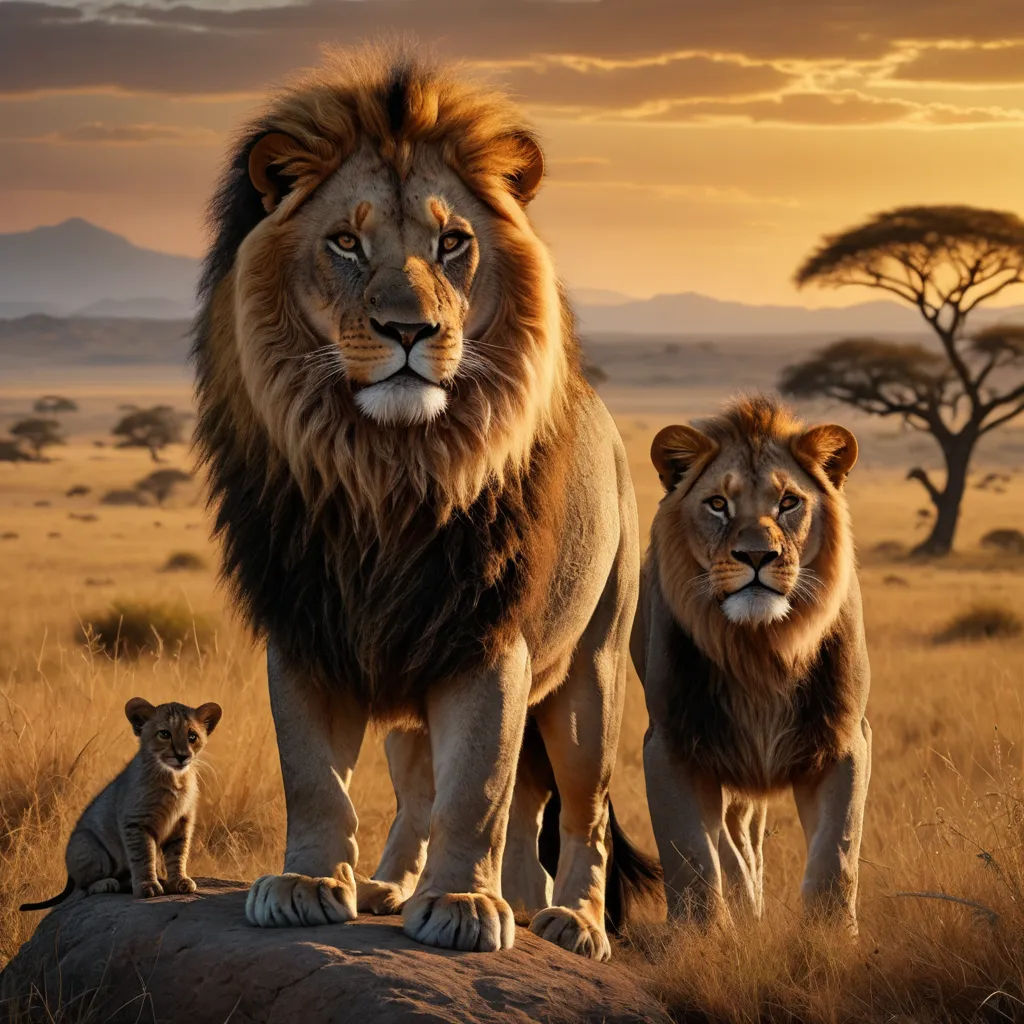 a lion and two cubs standing on a rock in the middle of a field with a sunset in the background, art photography, an oil painting, Brothers Hildebrandt, wildlife photography