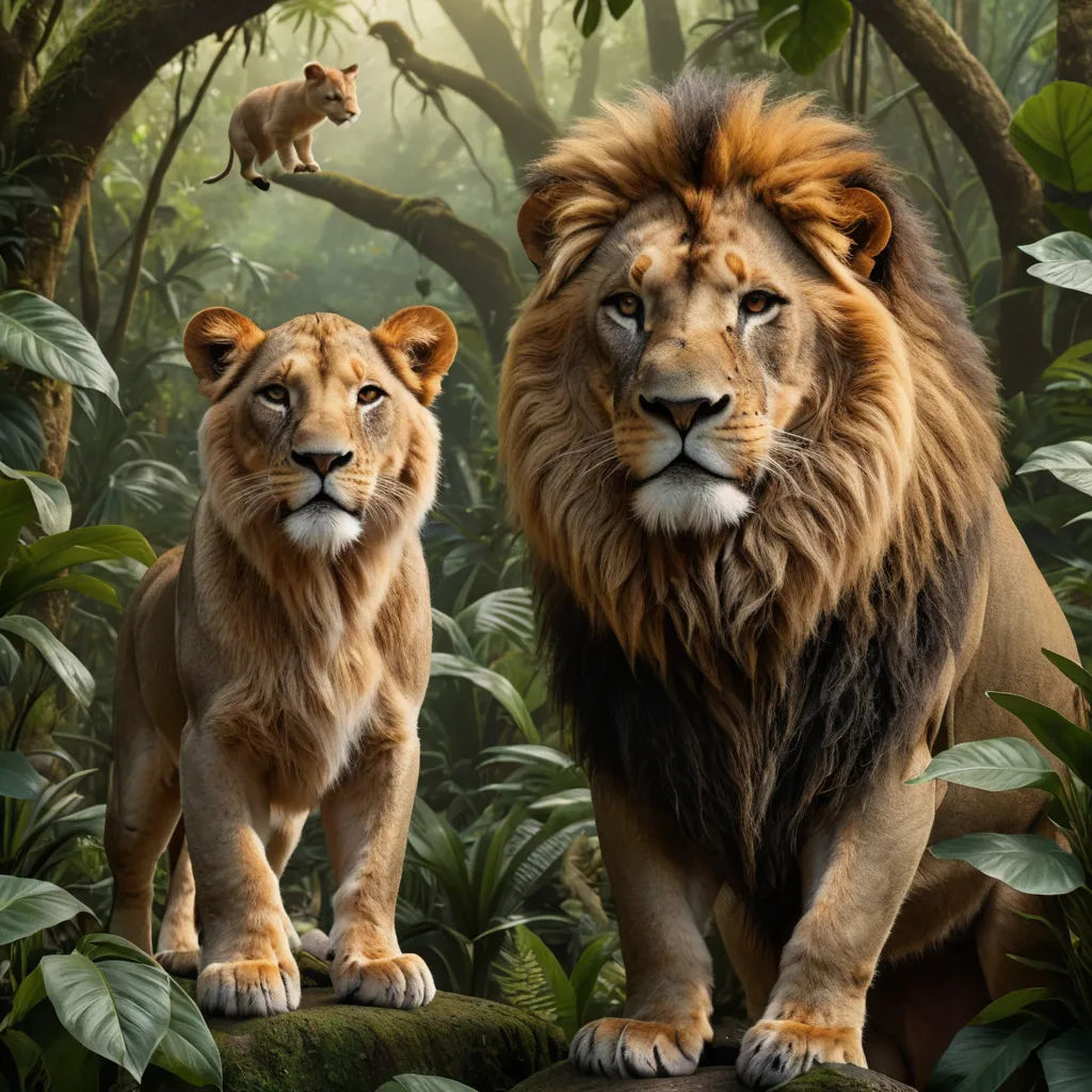 two lions standing in the jungle with a lion in the background and a lion in the foreground, with a lion in the background, furry art, a poster, Chris LaBrooy, imax 70 mm footage
