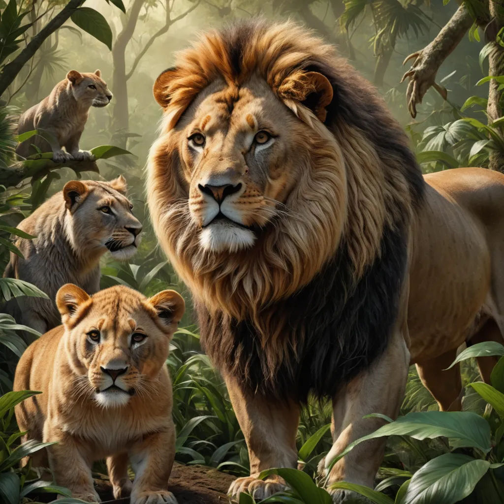 a group of lions walking through a jungle filled with trees and plants, with one lion looking at the camera, photorealism, an oil painting, Chris LaBrooy, photoreal