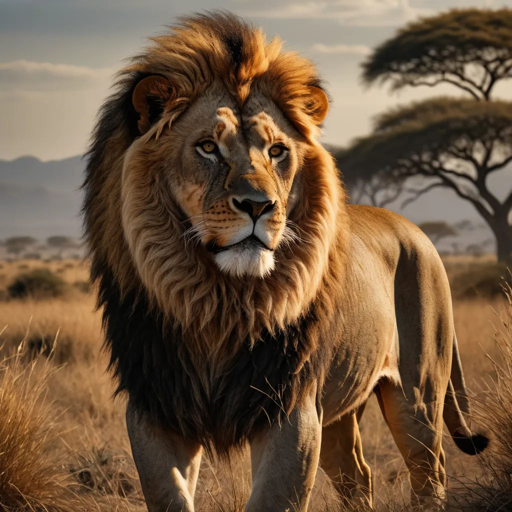 a lion walking through a dry grass field with trees in the background and a sky background with clouds in the distance, sumatraism, a picture, Arie Smit, wildlife photography