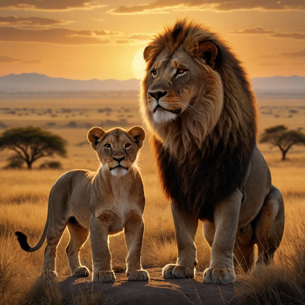 a lion and a cub stand in the grass at sunset in the wild, with a backdrop of mountains and trees, photorealism, an oil painting, Brothers Hildebrandt, wildlife photography