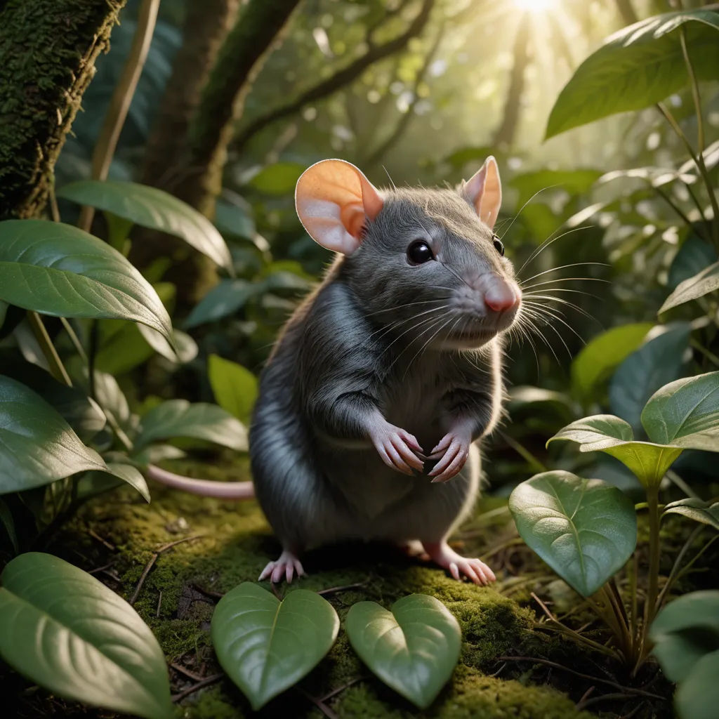 a mouse sitting on a mossy surface in a forest with leaves and sunlight shining through the trees behind it, photorealism, a 3D render, Chris LaBrooy, animal photography