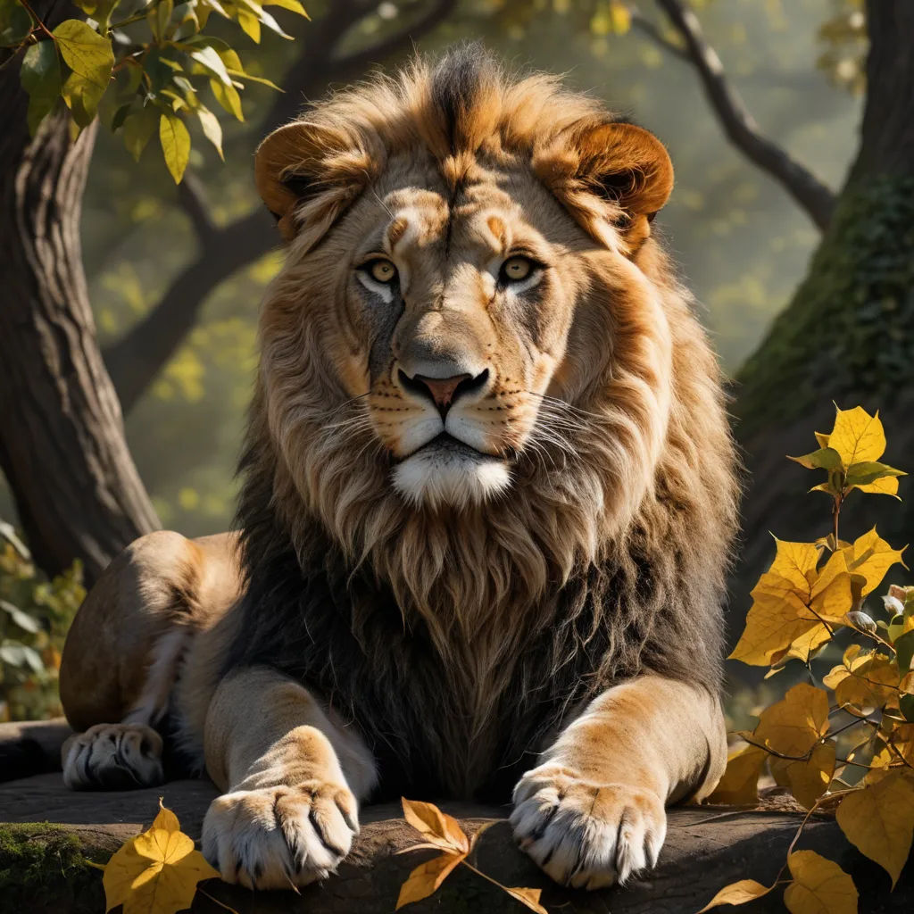 a lion sitting on a rock in a forest with leaves on the ground and trees in the background,, naturalism, a digital painting, Anthony Devas, animal photography