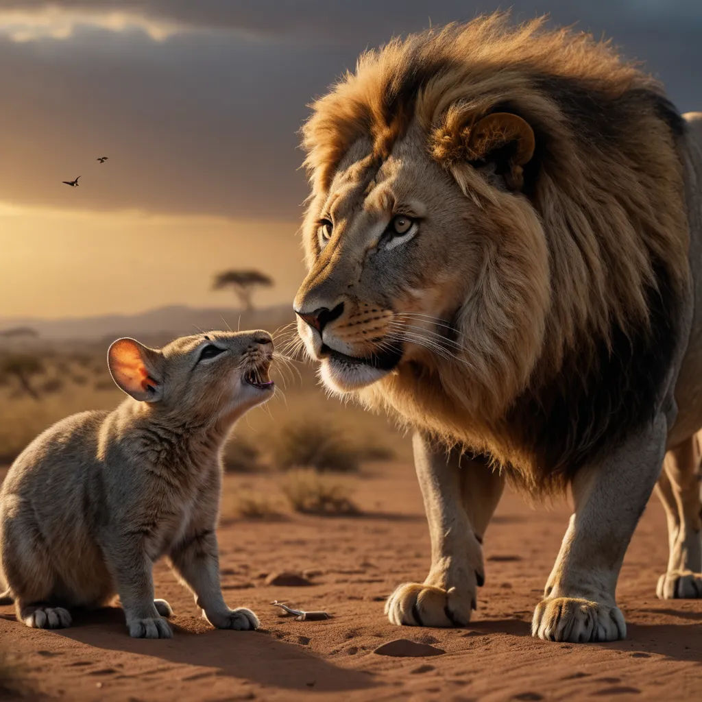 a lion and a kitten are standing in the desert together, with a bird flying in the background,, art photography, a stock photo, Chris LaBrooy, wildlife photography