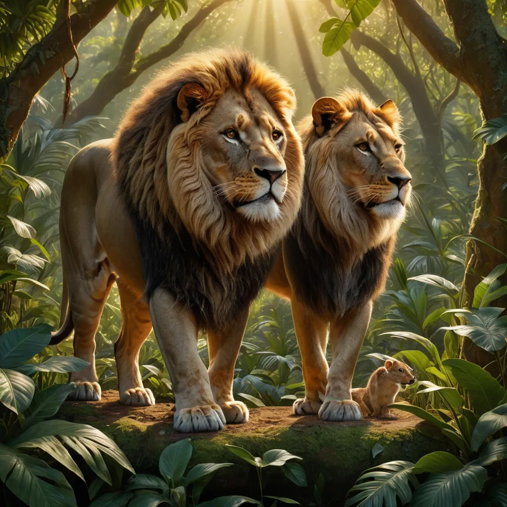 two lions standing in the middle of a jungle with sunlight shining through the trees and leaves on the ground, sots art, a poster, Chris LaBrooy, official art