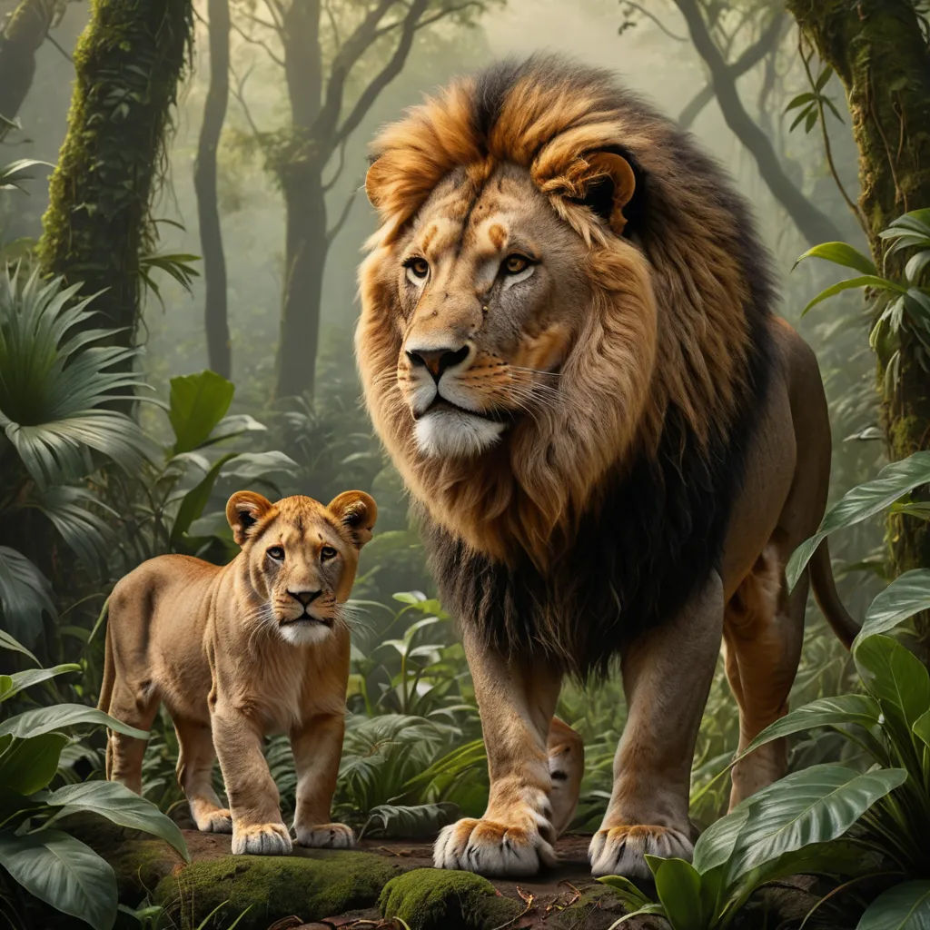 a lion and a cub stand in a jungle scene with trees and foliage in the background, while the adult lion looks on, photorealism, a poster, Chris LaBrooy, imax 70 mm footage