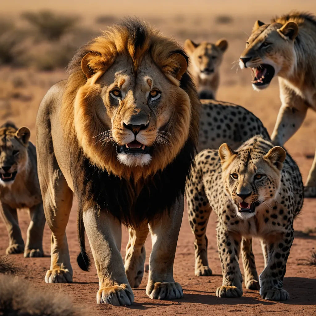 a group of lions walking across a dirt field next to a cheetah and a lion cub in the background, art photography, a stock photo, Art Brenner, wildlife photography