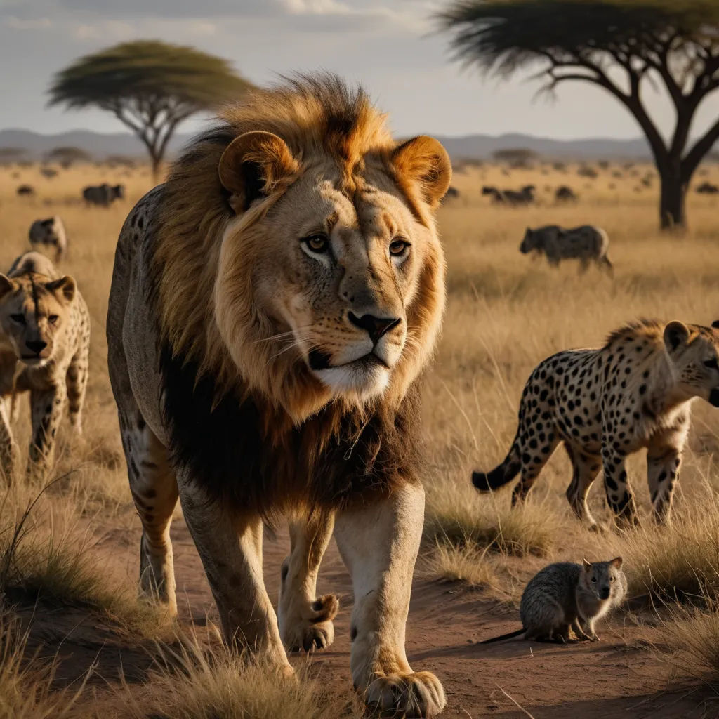 a lion walking across a field with other animals in the background and a sky background with clouds and a few trees, primitivism, a poster, Chris LaBrooy, wildlife photography