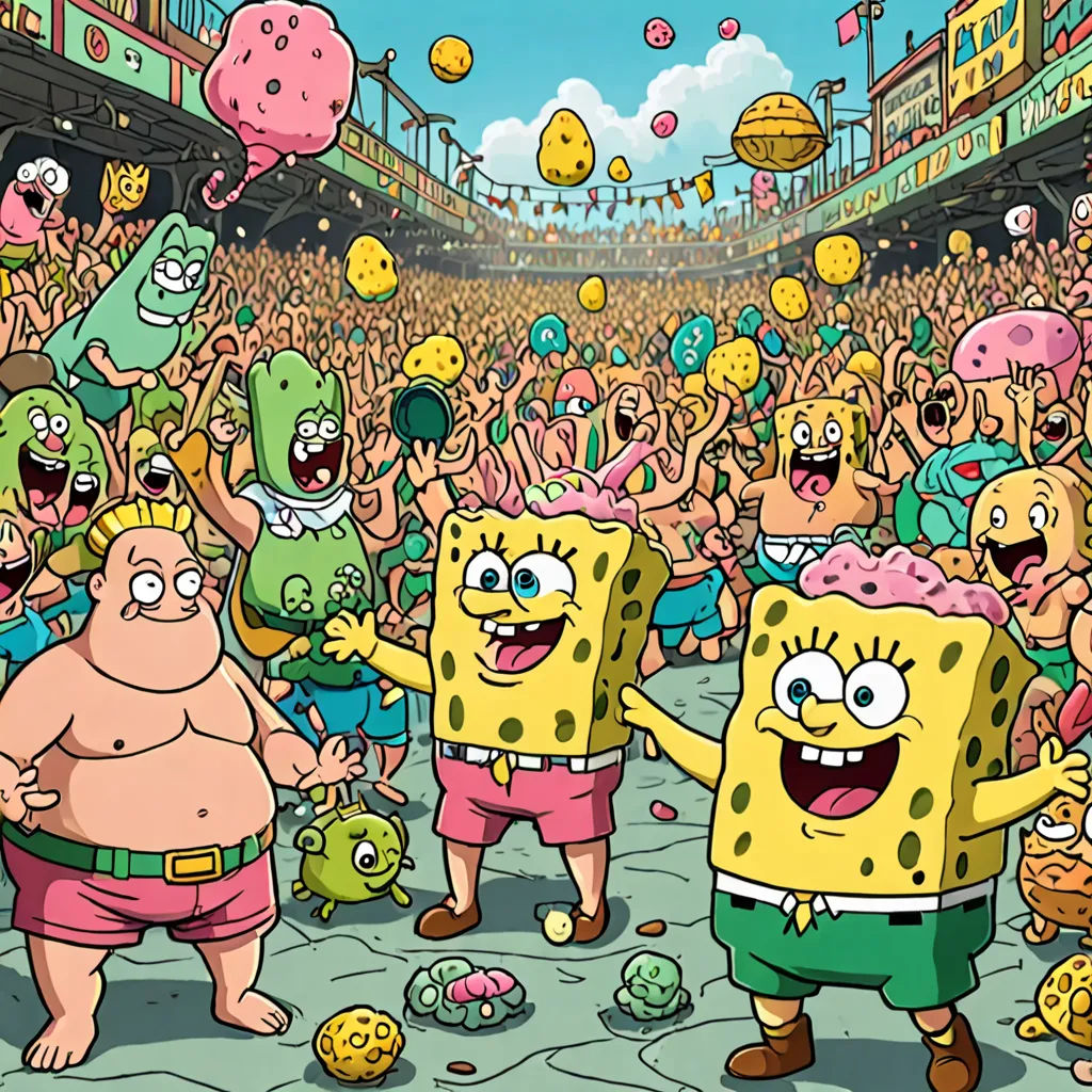 a cartoon of spongebob dancing in front of a crowd of people in a stadium with balloons and confetti, sots art, concept art, Chris LaBrooy, official art