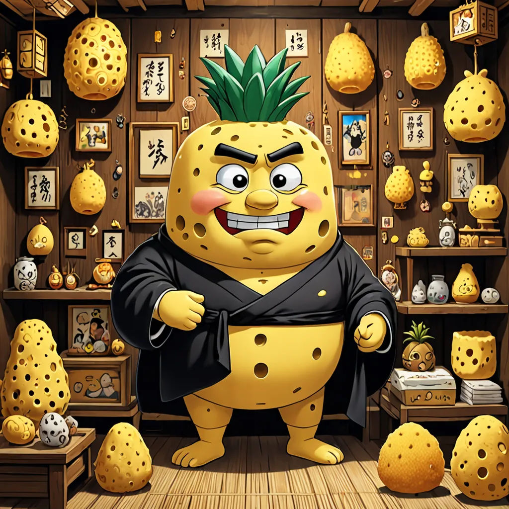 a cartoon character is standing in a store with many items on the shelves and shelves behind him is a pineapple, sōsaku hanga, a character portrait, Baiōken Eishun, official art