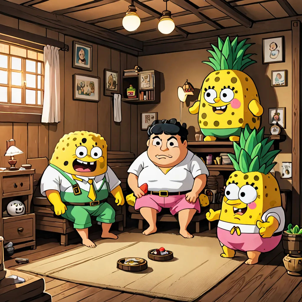 a cartoon of a family of five with a pineapple on the table and a man in the middle, ukiyo-e, concept art, Adam Manyoki, official art
