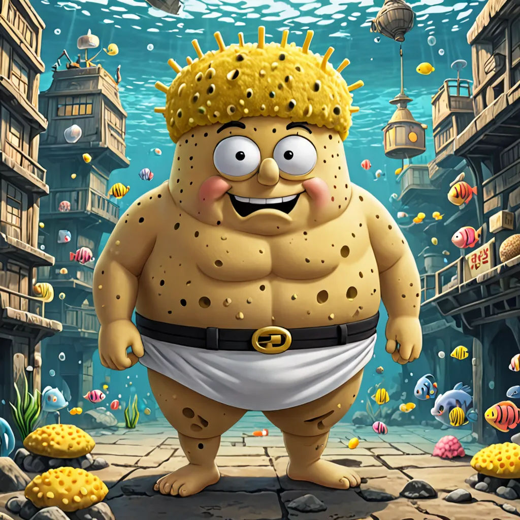 a cartoon character with a crown on his head and a white skirt on his body, standing in a sea of fish, pop surrealism, a character portrait, Chris LaBrooy, official art