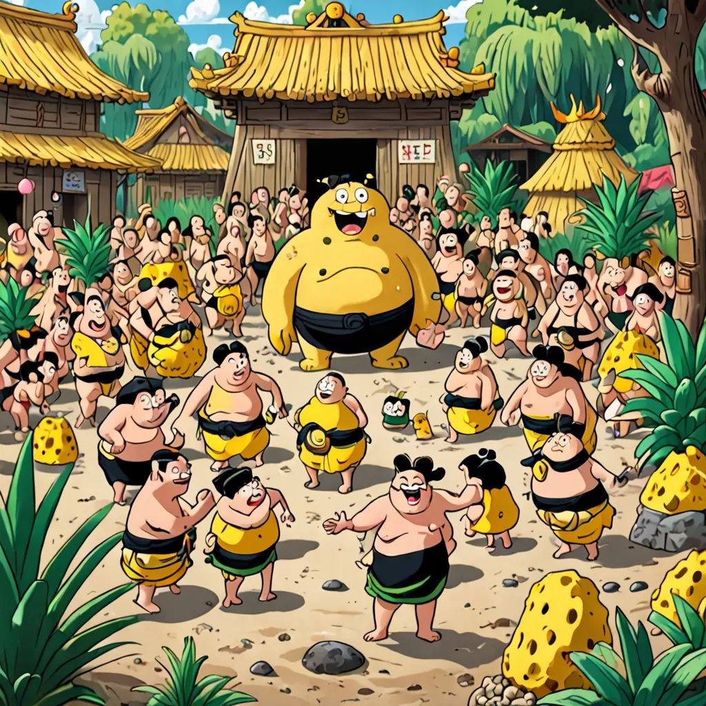a cartoon of a group of people dancing in front of a crowd of people in bathing suits and sumos, ukiyo-e, concept art, Baiōken Eishun, official art