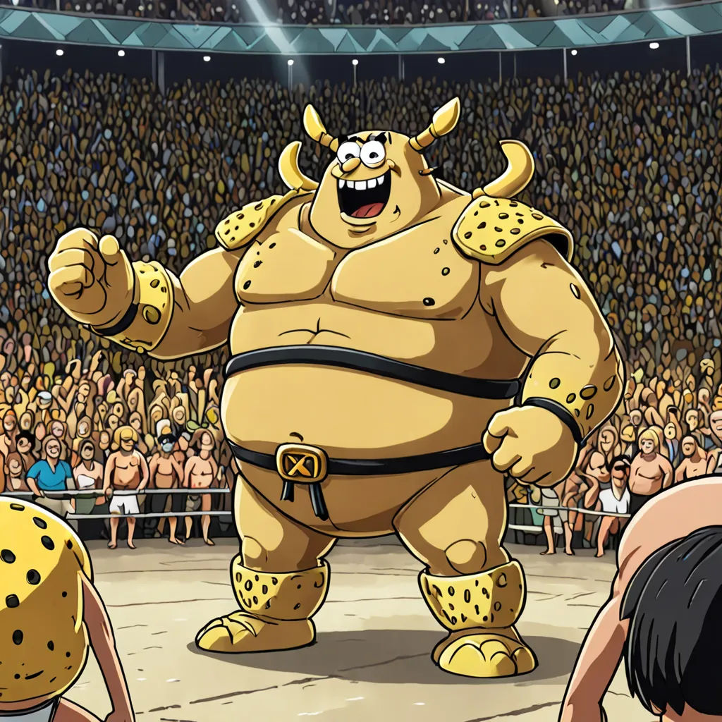 a cartoon character is standing in front of a crowd of people in a wrestling ring with a sumo wrestler, sots art, concept art, Adam Rex, official art