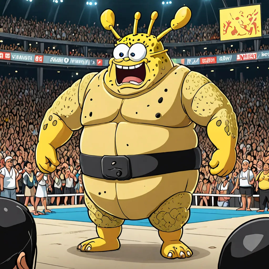 a cartoon character in a sumo suit standing in a ring with a crowd of people watching him from the stands, sots art, a character portrait, Adam Manyoki, official art