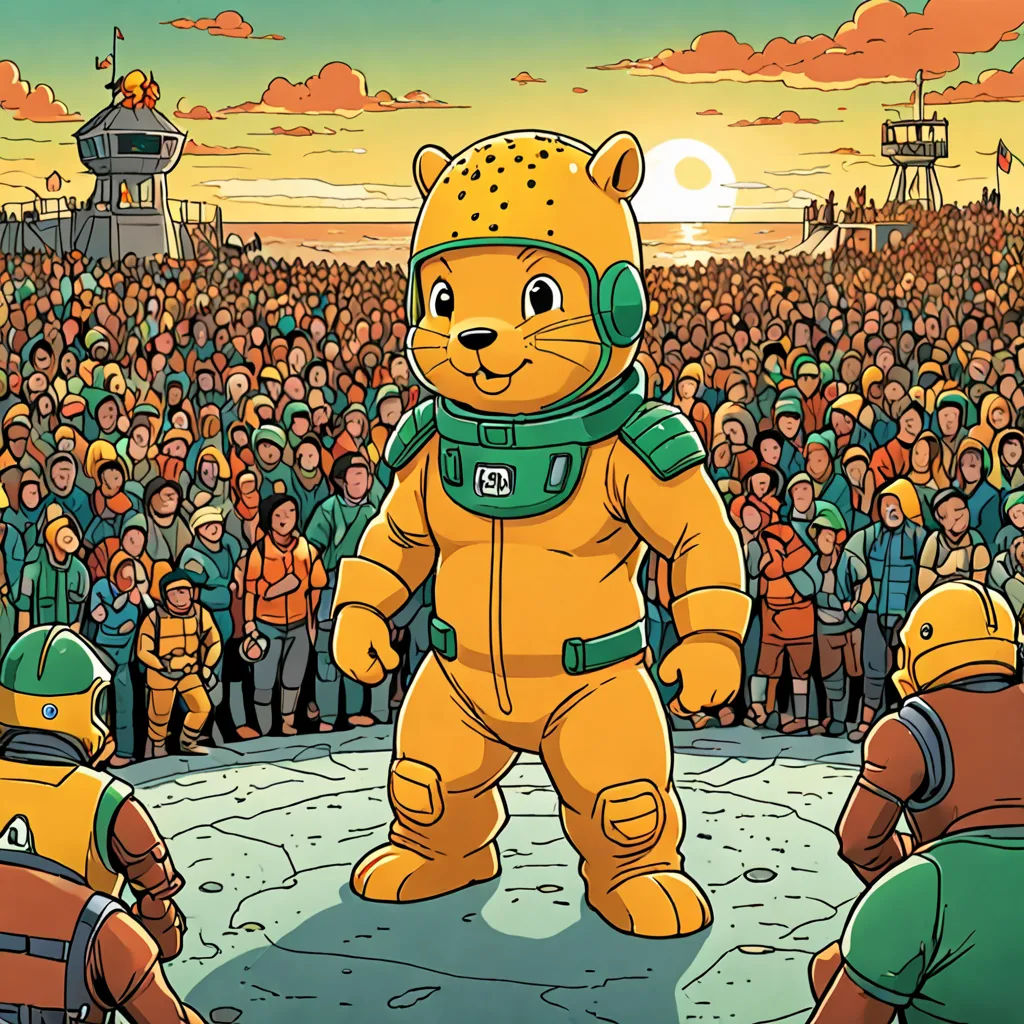 a cartoon of a bear in a space suit standing in front of a crowd of people in space suits, retrofuturism, a storybook illustration, Chris LaBrooy, promotional image