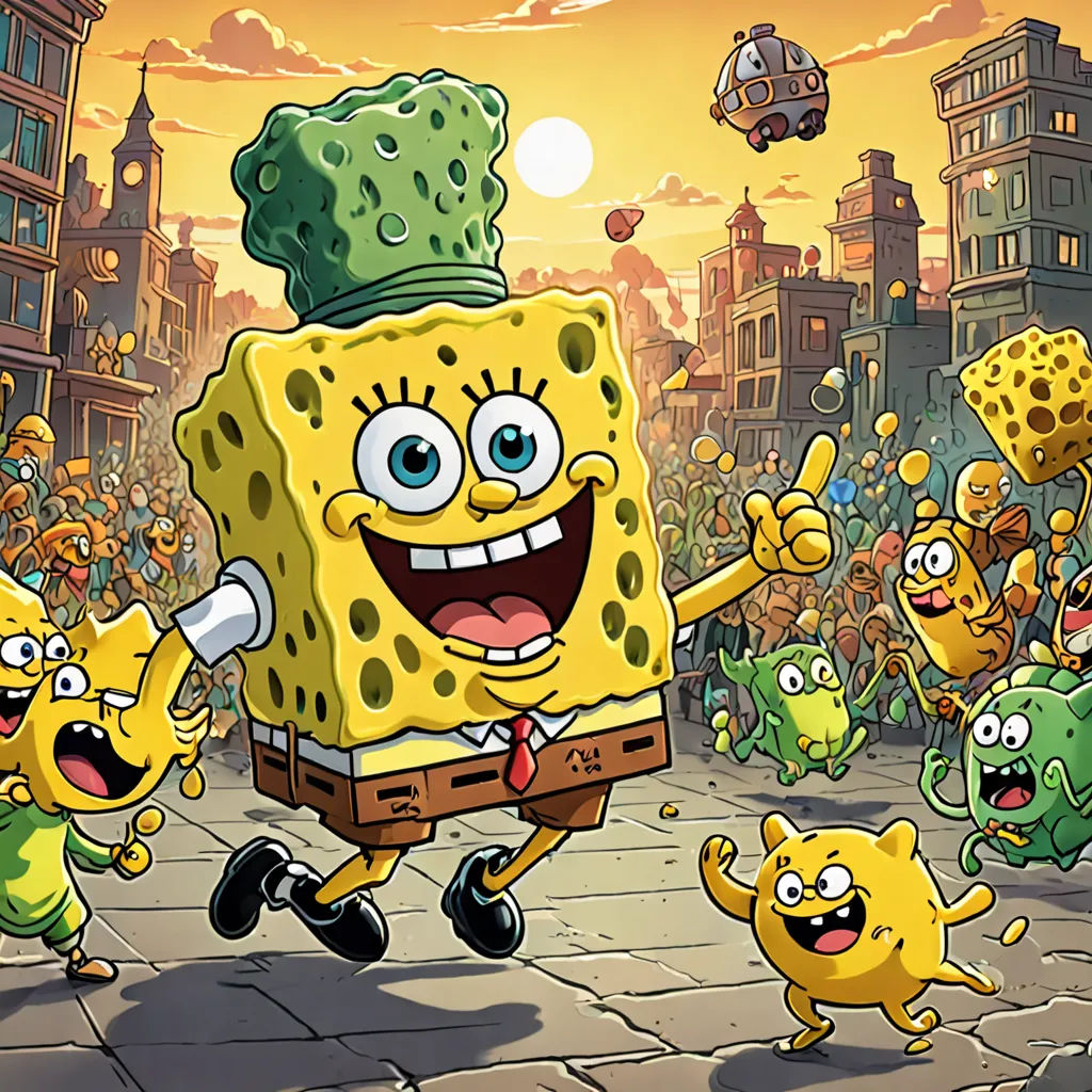 a cartoon of a spongebob character running with other characters in the background and a crowd of people, sots art, concept art, Chris LaBrooy, promotional image