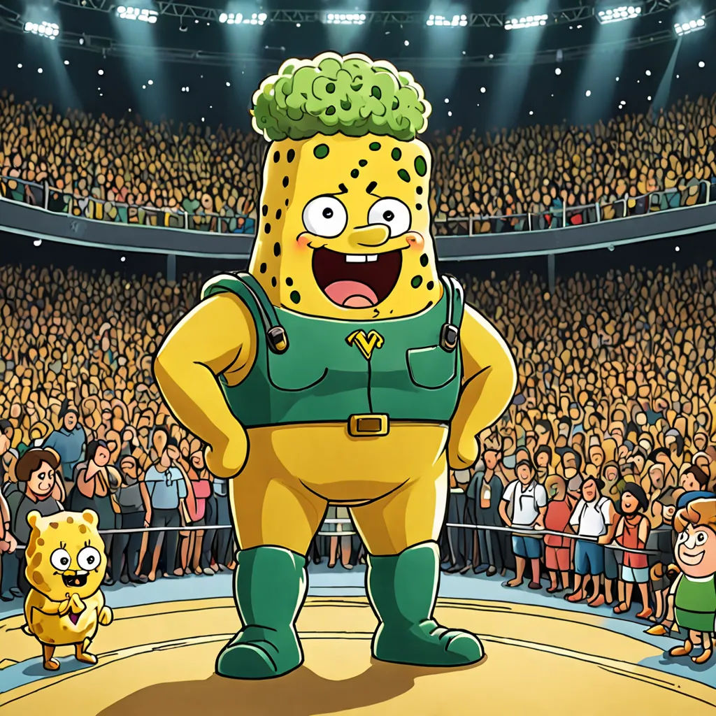 a cartoon character standing in front of a crowd of people in a stadium with a mascot in front of him, fantastic realism, concept art, Chris LaBrooy, official art