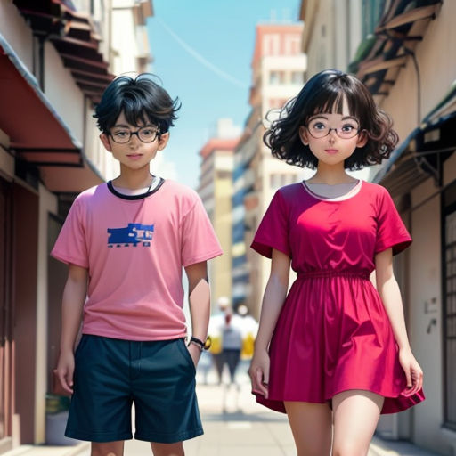 a couple of people that are walking down a street together in the day time, with buildings in the background