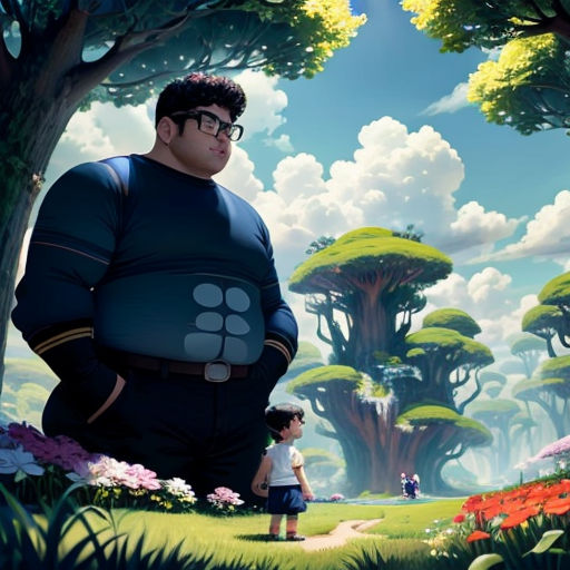 a man standing in a forest with a giant man in the background and a little girl standing in the foreground