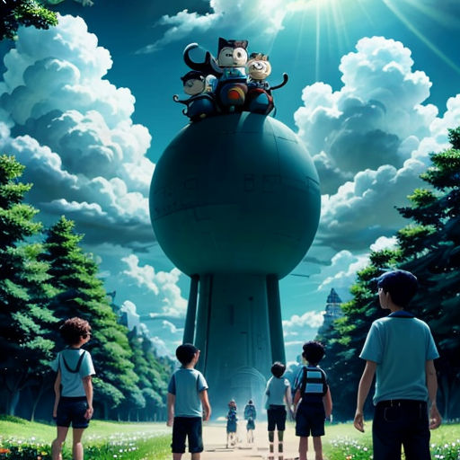 a group of kids standing in front of a large water tower with a cat on top of it and a cat on top of the top of the tower