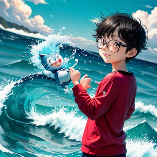 a boy in a red shirt is holding a blue toy in front of a cartoon character in the ocean