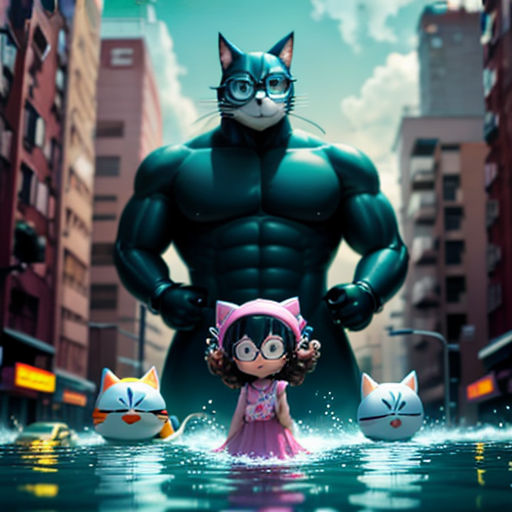 a cartoon character standing in the water with a cat and other characters behind him in a city street with tall buildings