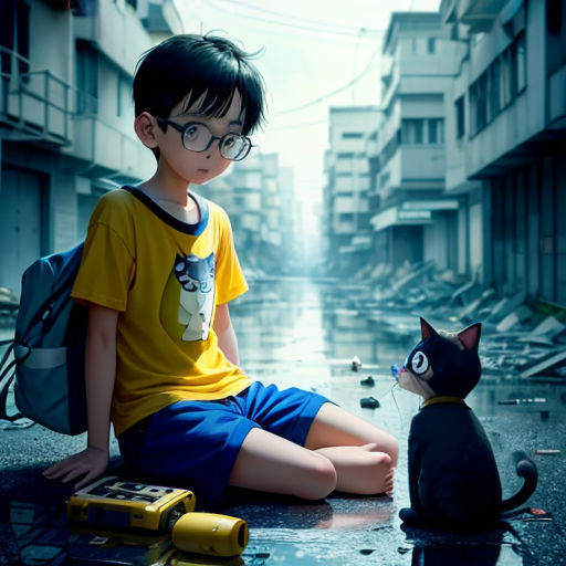 a young boy sitting on the ground next to a cat and a toy car on the ground in front of him