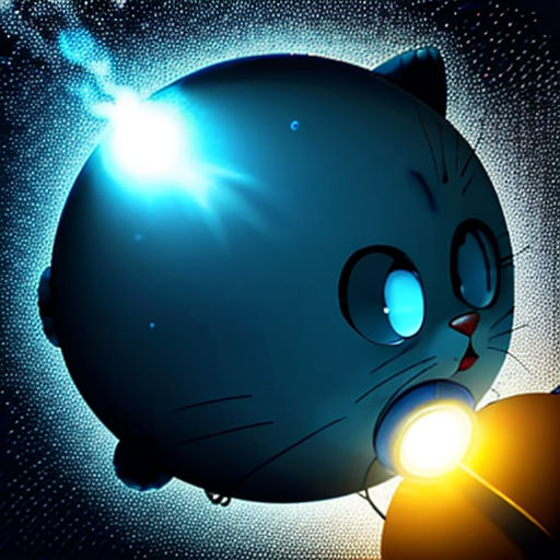 a cat with a light shining on it's head and a ball in the foreground of the image
