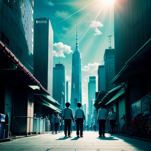 a group of people walking down a street next to tall buildings in a city at night time with the sun shining down